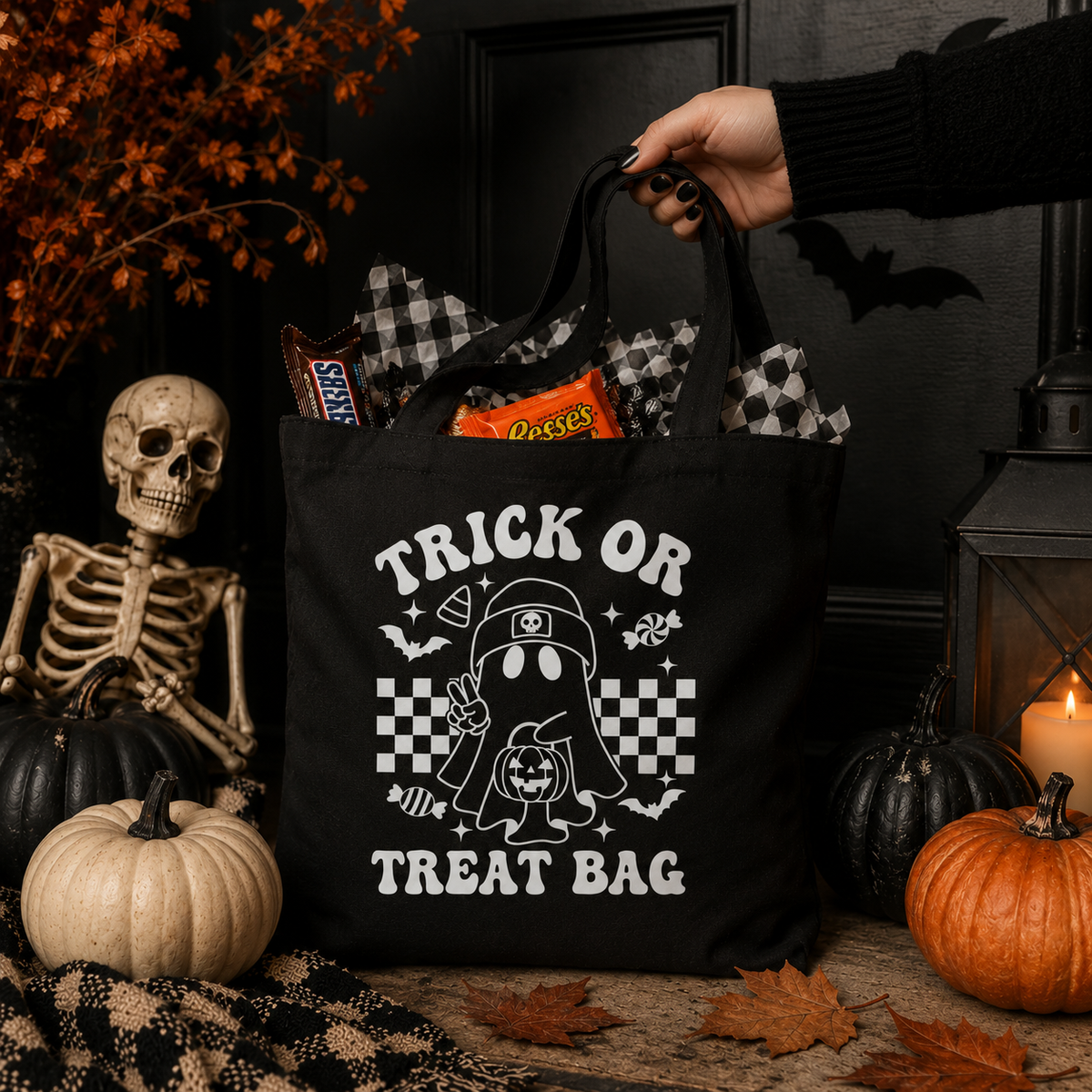 Trick or Treat Bag | Retro Ghost Halloween Tote | Canvas Candy Bag | Reusable Halloween Bag