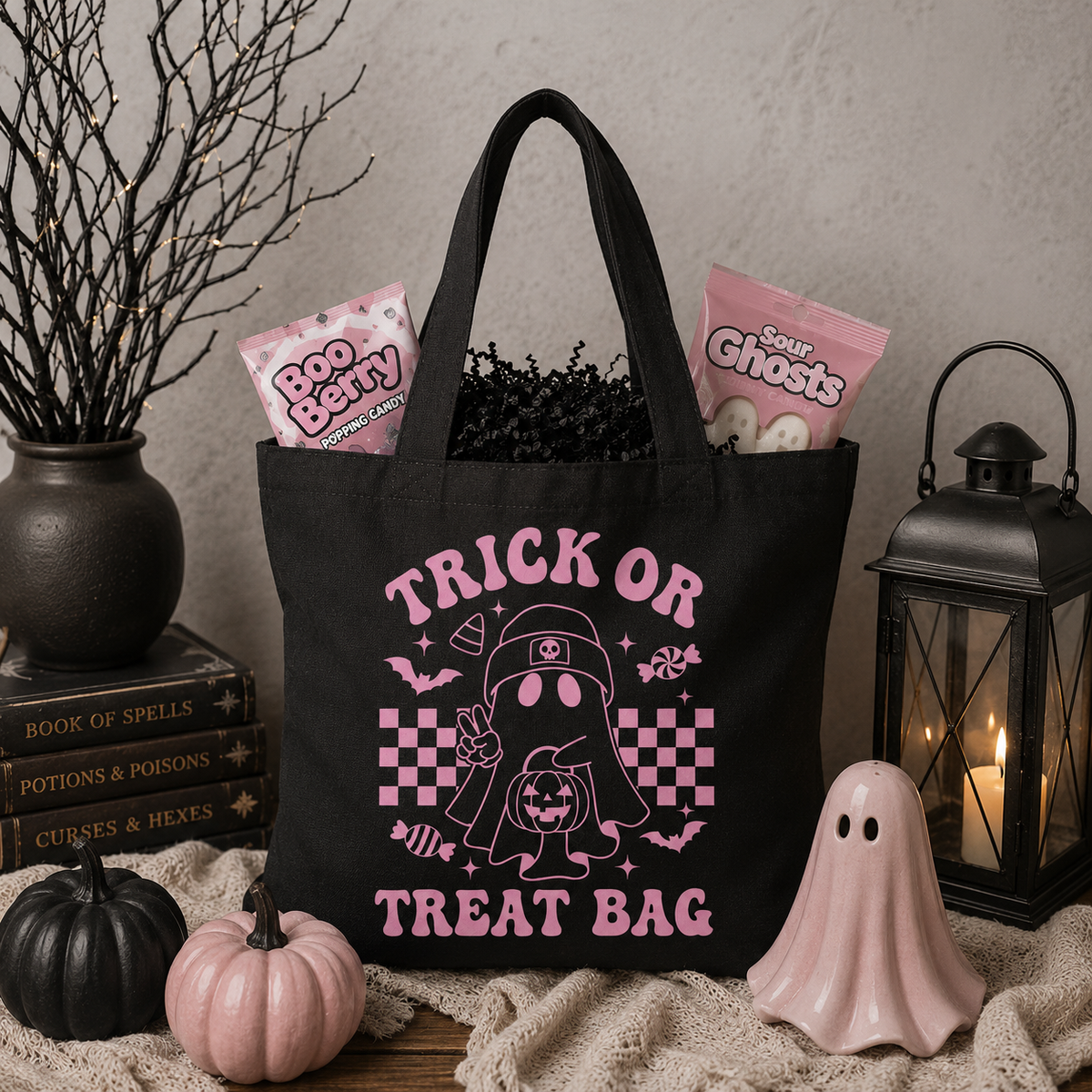 Trick or Treat Bag | Baby Pink Retro Ghost Halloween Tote | Canvas Candy Bag | Reusable Halloween Bag