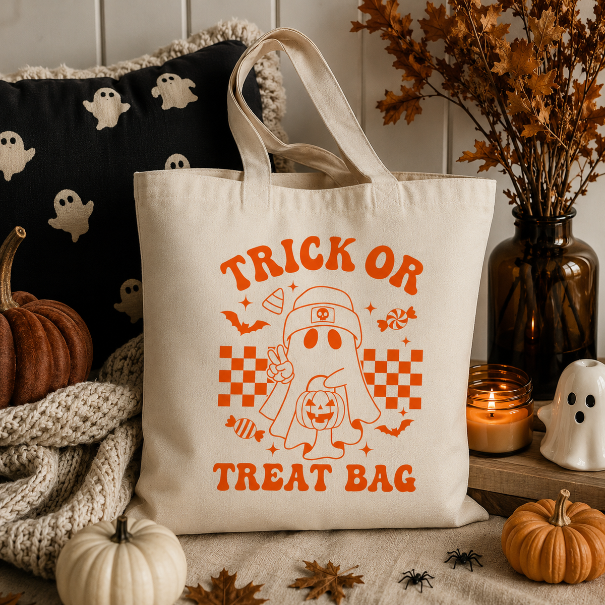 Natural Trick or Treat Bag | Orange Retro Ghost Halloween Tote | Canvas Candy Bag | Reusable Halloween Bag