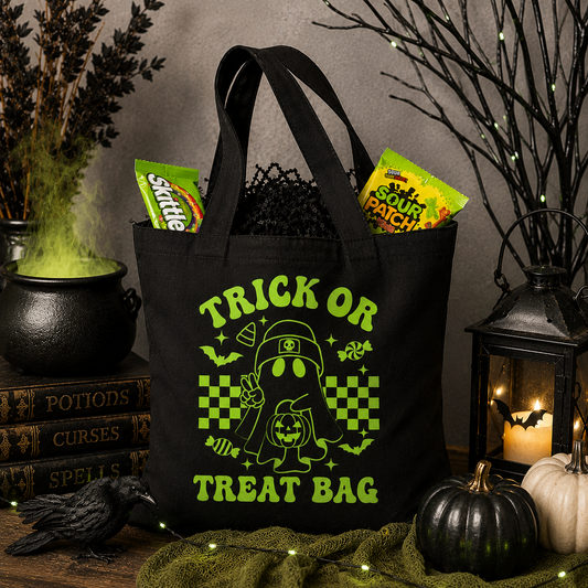 Trick or Treat Bag | Green Retro Ghost Halloween Tote | Canvas Candy Bag | Reusable Halloween Bag