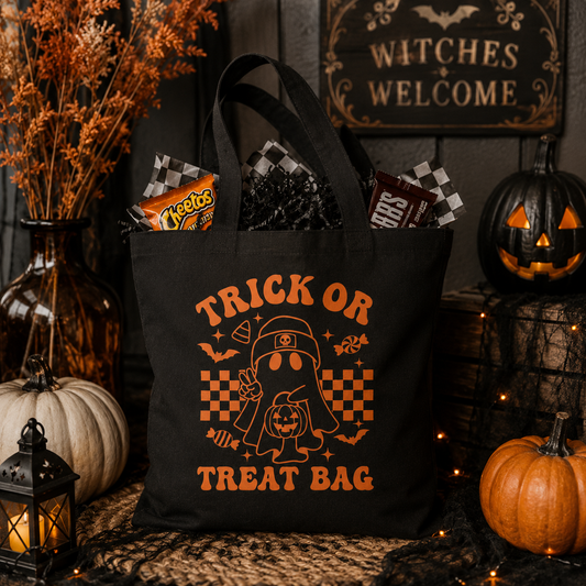 Trick or Treat Bag | Orange Retro Ghost Halloween Tote | Canvas Candy Bag | Reusable Halloween Bag