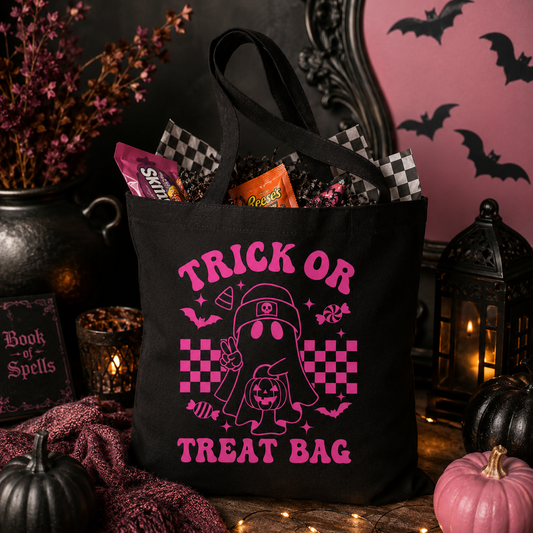 Trick or Treat Bag | Hot Pink Retro Ghost Halloween Tote | Canvas Candy Bag | Reusable Halloween Bag