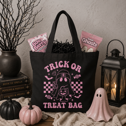 Trick or Treat Bag | Baby Pink Retro Ghost Halloween Tote | Canvas Candy Bag | Reusable Halloween Bag
