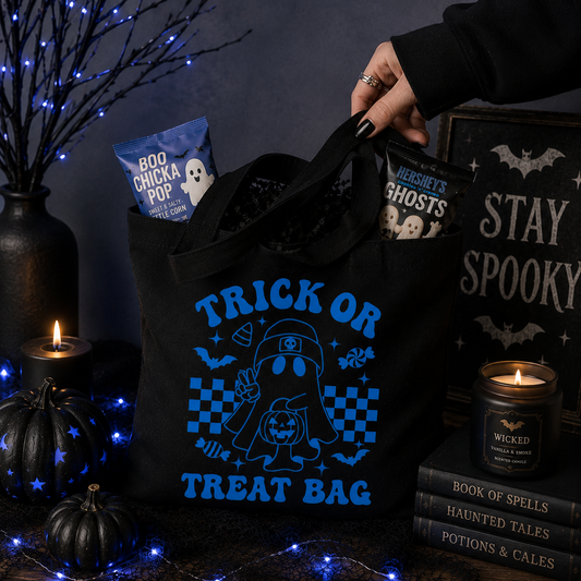 Trick or Treat Bag | Blue Retro Ghost Halloween Tote | Canvas Candy Bag | Reusable Halloween Bag