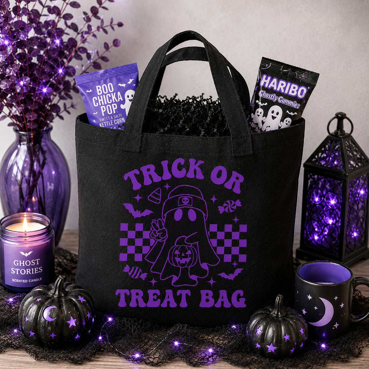 Trick or Treat Bag | Purple Retro Ghost Halloween Tote | Canvas Candy Bag | Reusable Halloween Bag