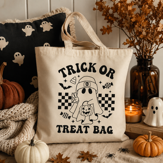 Natural Trick or Treat Bag | Retro Ghost Halloween Tote | Canvas Candy Bag | Reusable Halloween Bag