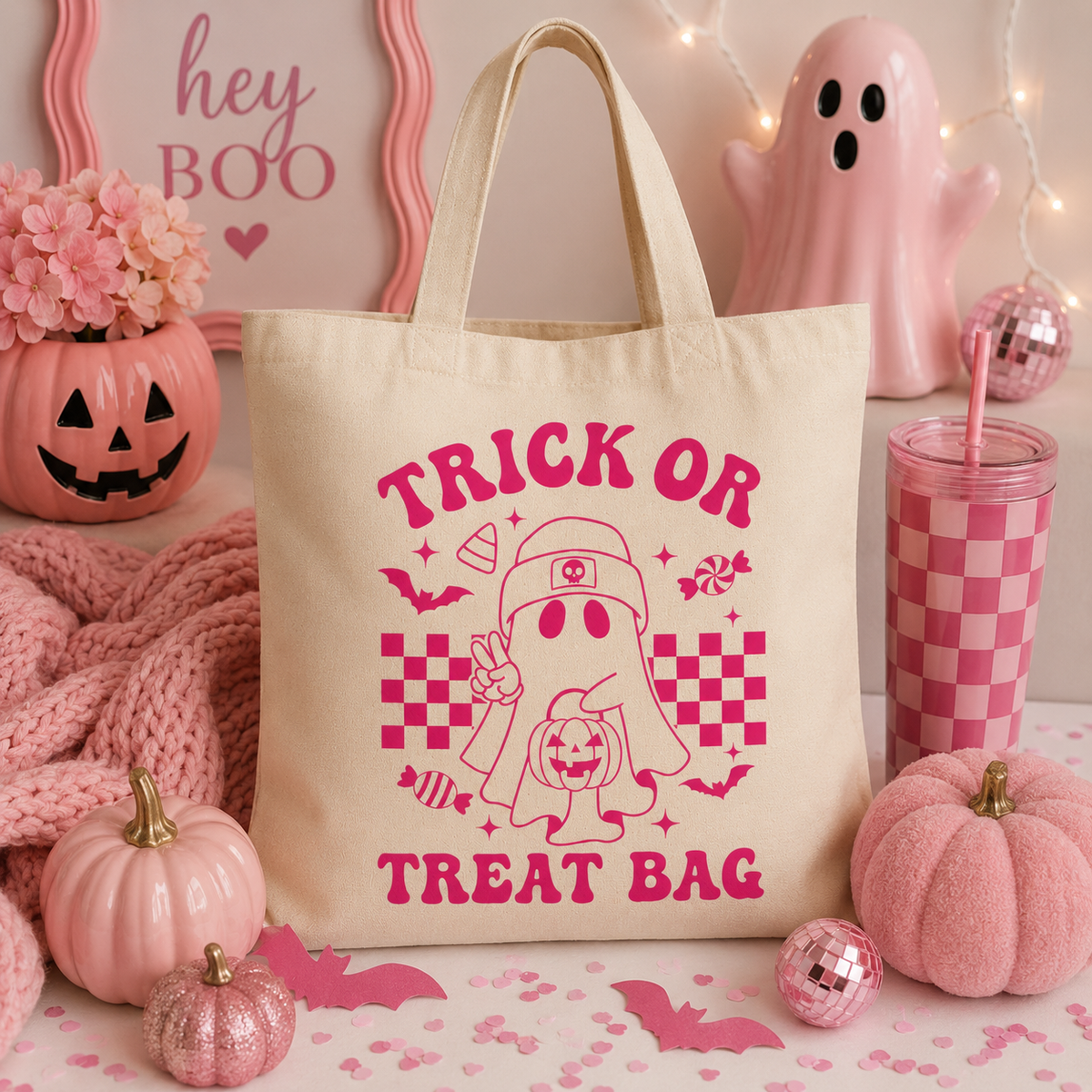 Natural Trick or Treat Bag | Pink Retro Ghost Halloween Tote | Canvas Candy Bag | Reusable Halloween Bag
