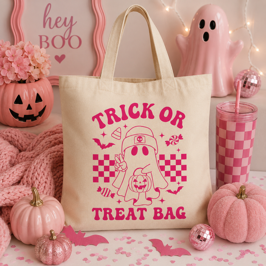 Natural Trick or Treat Bag | Pink Retro Ghost Halloween Tote | Canvas Candy Bag | Reusable Halloween Bag