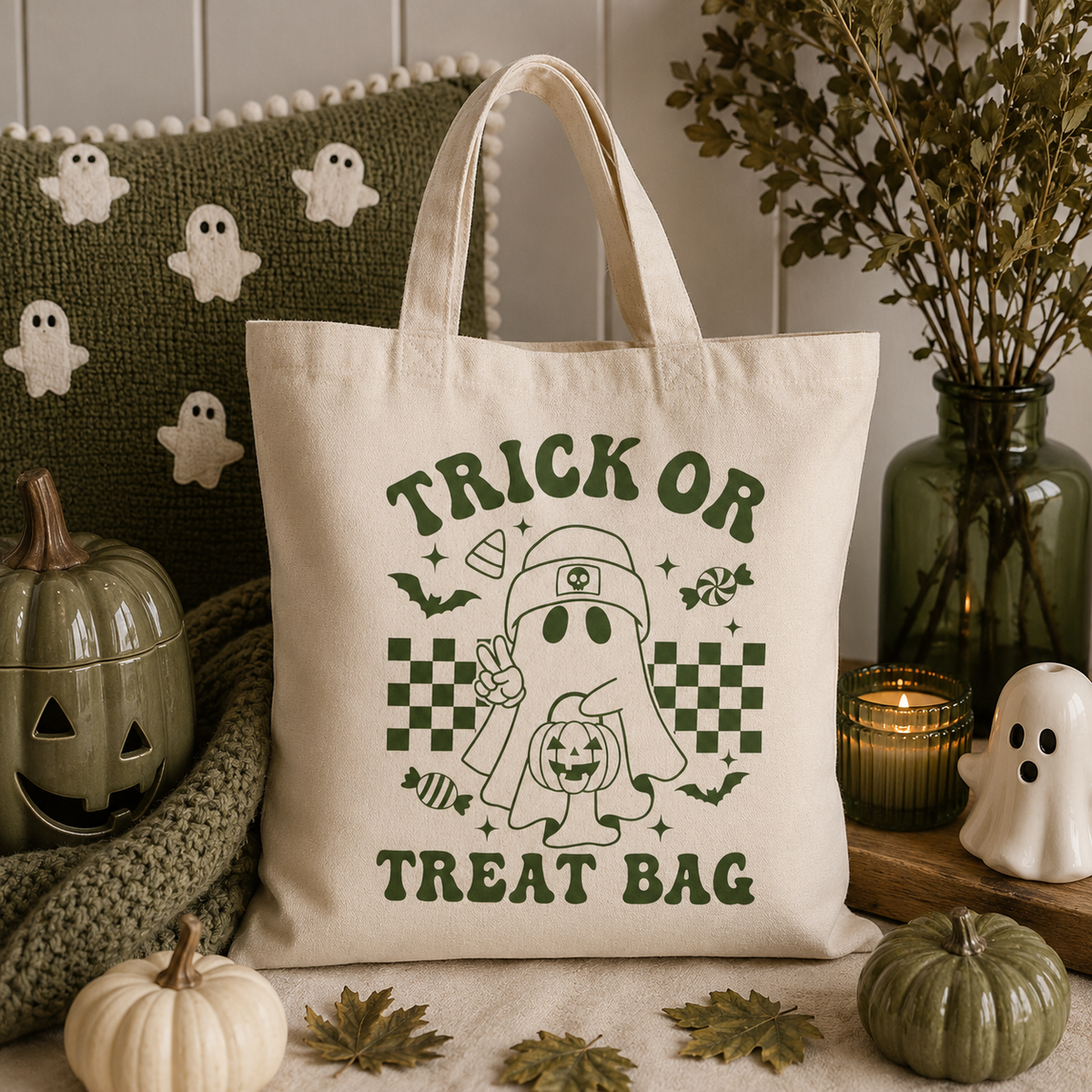 Natural Trick or Treat Bag | Green Retro Ghost Halloween Tote | Canvas Candy Bag | Reusable Halloween Bag