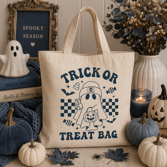 Natural Trick or Treat Bag | Blue Retro Ghost Halloween Tote | Canvas Candy Bag | Reusable Halloween Bag